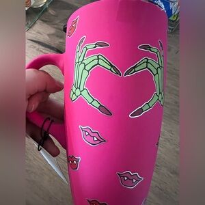 Pink Mug with Green Skeleton Hand Design